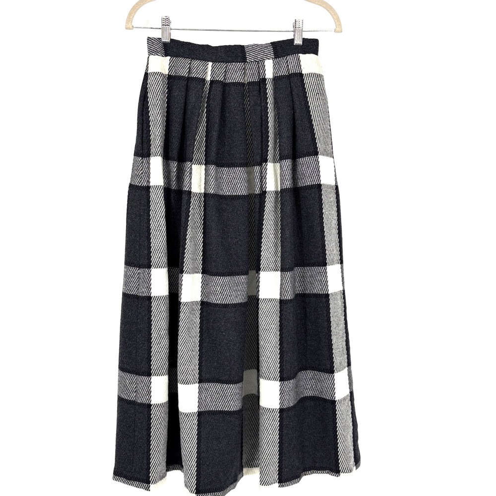 Peter Martin Cashmere Blend Midi Skirt Women 8 Black Plaid Pleated Pockets VTG